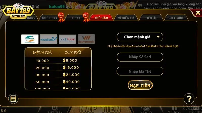Nạp tiền Bay789 qua thẻ cào